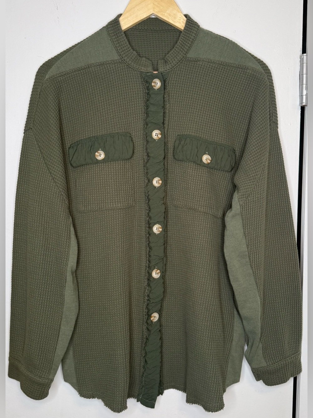Olive Waffle Knit Button Front Shacket | Size Medium